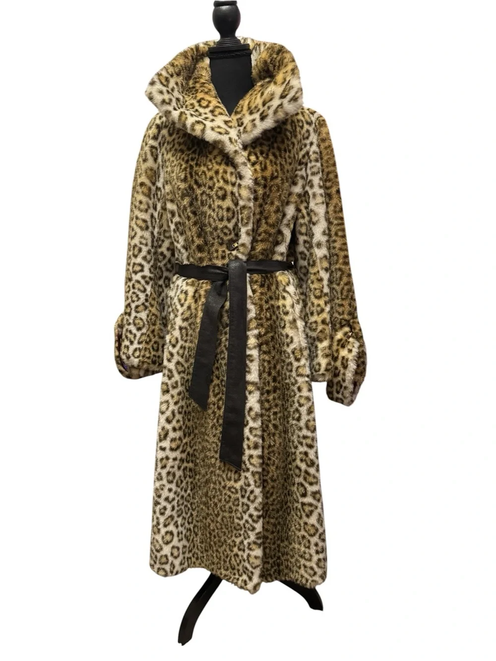 60s Faux Leopard Print Long Coat with Tie Belt - Picture 4 of 9